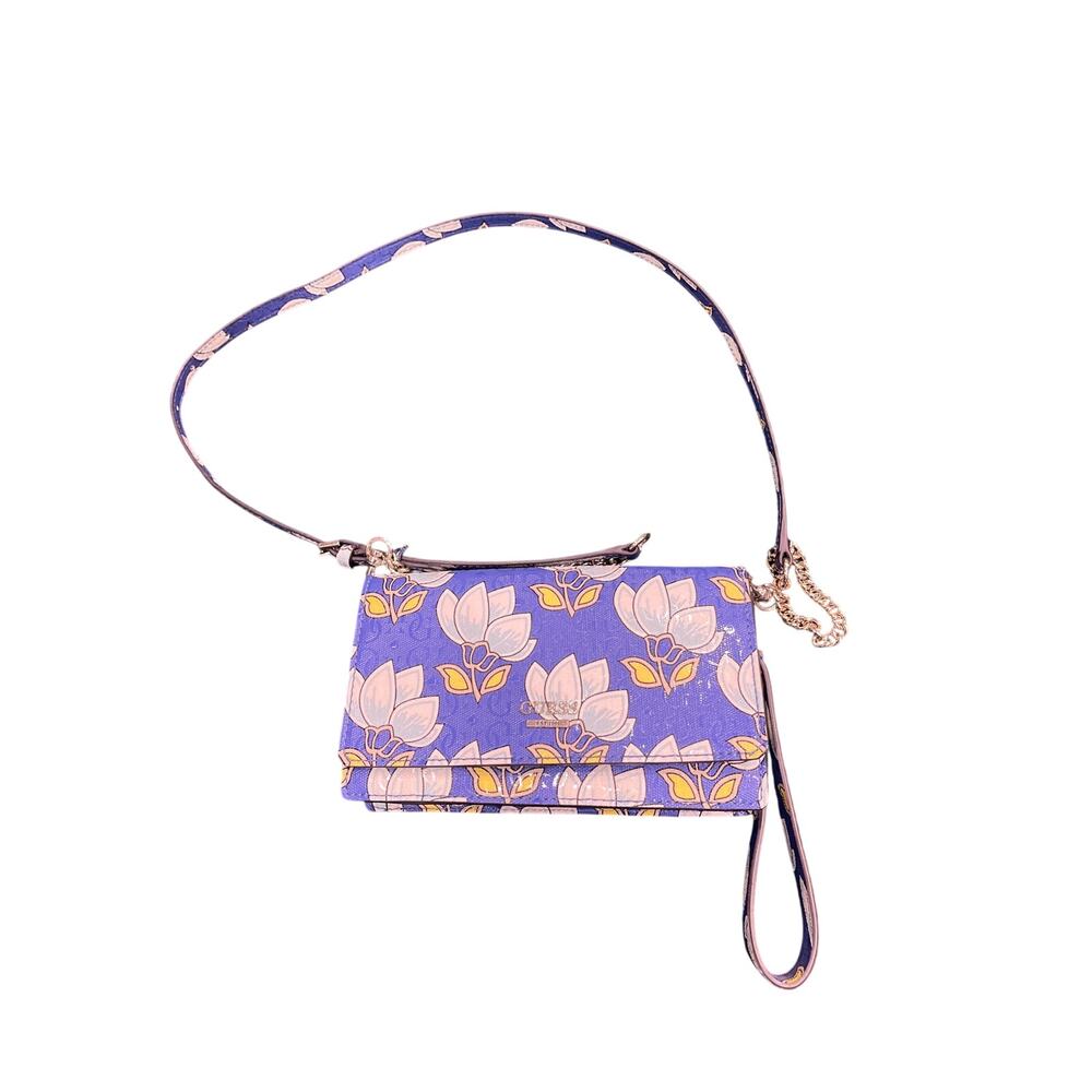 Guess purse blue floral print shoulder chain silver small purse‎
